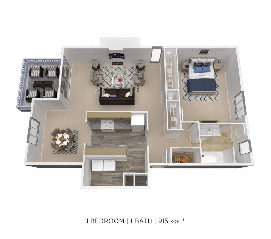 Floor plan for 1 bed, 1 bath, 915 sqft